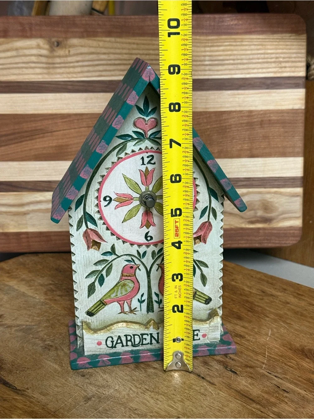 Hand-Painted and Carved Garden Time Wooden Wall Clock - Pink & Green